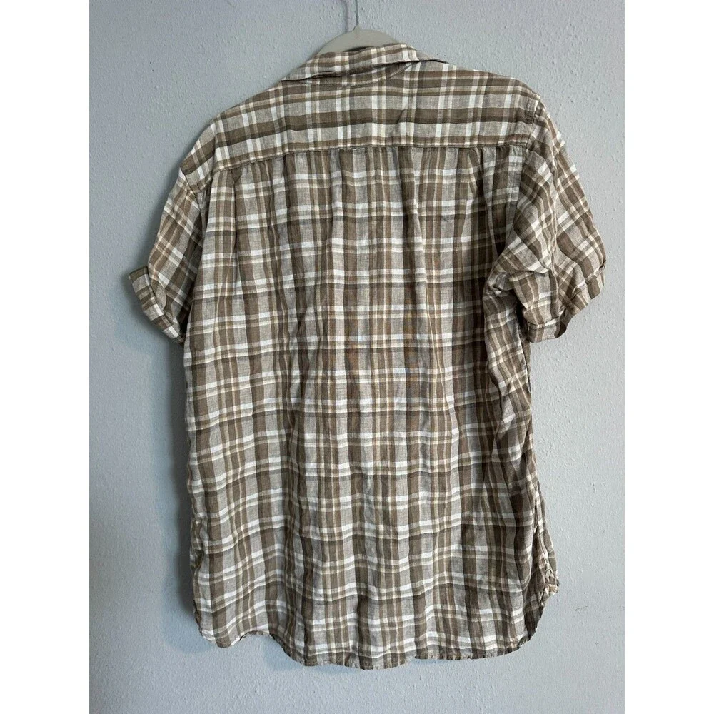 Men’s 100% Linen Shirt Plaid Brown Beige Button Up Casual Summer Lightweight M - Picture 3 of 8